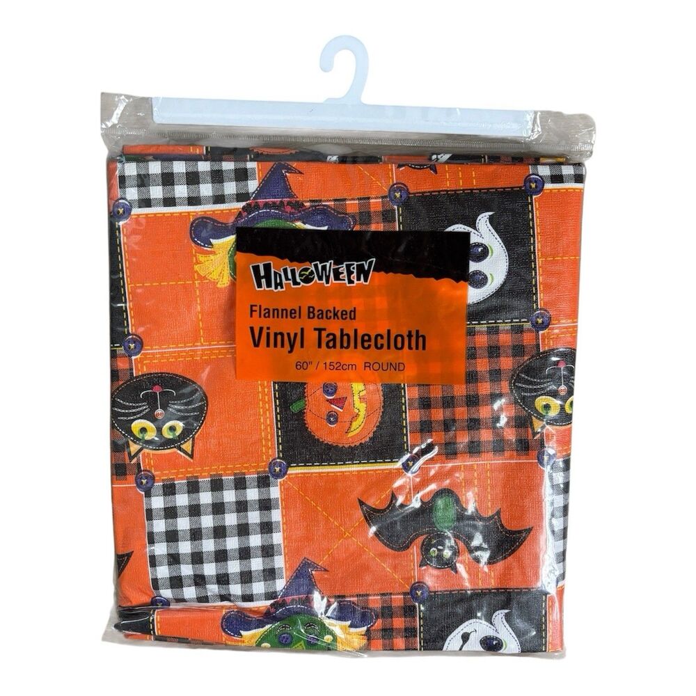 Vintage Style Halloween Vinyl Tablecloth 60 Round Flannel Backed Black Cat Ghost